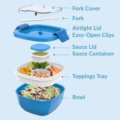 Bentgo Salad Stackable Lunch Container with Large 54oz Bowl, 4-Compartment Tray & Built-In Fork - Blue