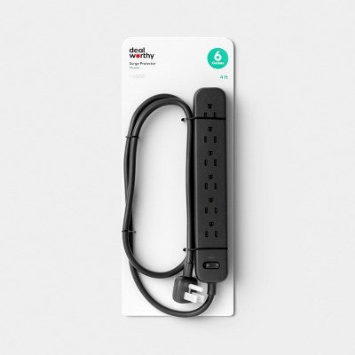 Surge Protector 6-Outlet with 4ft Extension Cord 720J Black - Dealworthy