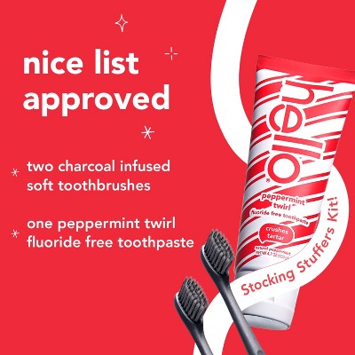 hello Stocking Stuffer, Fluoride-Free Toothpaste and Soft Charcoal Toothbrush Holiday Gift Set - 3ct