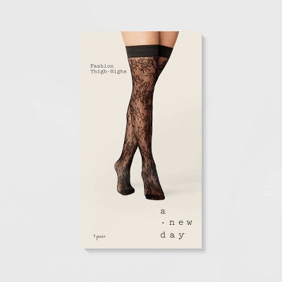 Women's Floral Net Thigh Highs - A New Day Black S/M