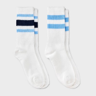 Girls' 2pk Striped Crew Socks - art class Blue M