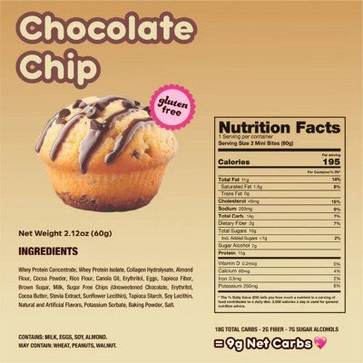 Prime Bites Chocolate Chip Protein Mini Muffins - 15g Protein - 8.48oz/4ct: Whey Protein Isolate, Chewy, Ready to Eat