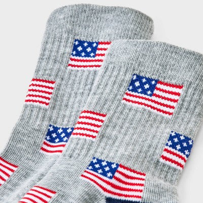 Women's Ribbed Cushioned American Flag Short Mid Crew Socks - Heather Gray 4-10