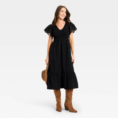 Women's Flutter Short Sleeve Smocked Midi A-Line Dress Black XS