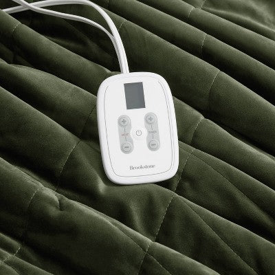 Brookstone Twin Heated Diamond Stitch Quilt Blanket Olive Green
