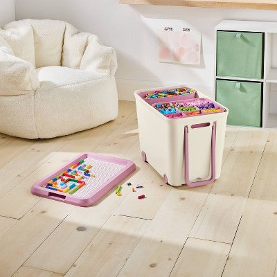 11.58gal Building Brick Play Rolling Storage Tub Pink - Brightroom