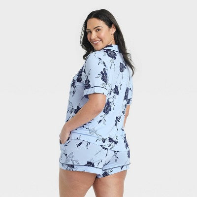 Women's Cloud Knit Collar Shirt and Shorts Pajama - Auden Blue/Roses XL