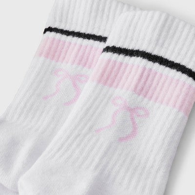 Women's Bow Cushioned Ribbed 2pk Mid Crew Socks - White/Black/Pink 4-10