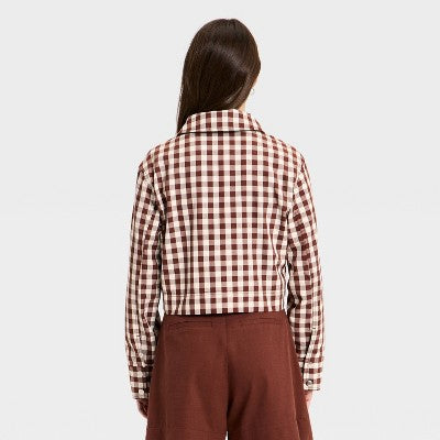 Women's Transitional Cropped Jacket - A New Day Brown Gingham M