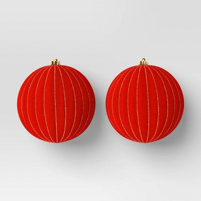 2ct Christmas 200mm Flocked Ribbed Glitter Ornament Set Red - Wondershop
