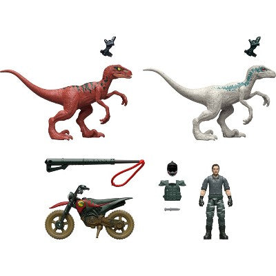 Jurassic World Reimagined Motorcycle, Owen Grady & Raptors & Tools Retro Pack