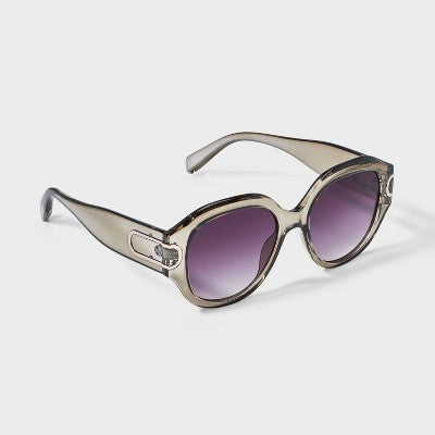 Women's Crystal Metal Temple Detail Round Sunglasses - A New Day Sage Green