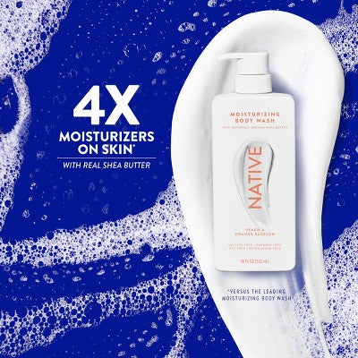 Native Moisturizing Body Wash Shea Butter for Women & Men - 24hr Hydration - Peach & Orange Blossom - Sulfate Free - Paraben Free - 18 fl oz