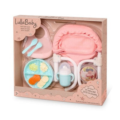 LullaBaby Doll Clip-On Table Seat and Accessories Set: Fits 14" Doll, Includes Play Food, Baby Theme, 12 Pieces