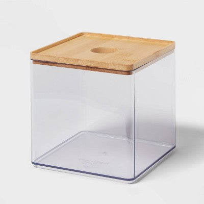 Clear Canister Large with Bamboo Lid - Brightroom: Bathroom Container with Lid, Qtip Holder, 6"x6"x6" Plastic