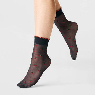 Women's Cherries and Lemons Sheer 2pk Anklet Socks - A New Day Black/White 4-10: Lightweight Knit, Banded Cuff