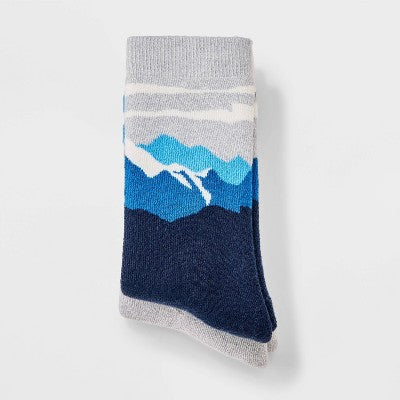 Boys' 2pk Mountain Print Outdoor Crew Socks - All In Motion Blue L