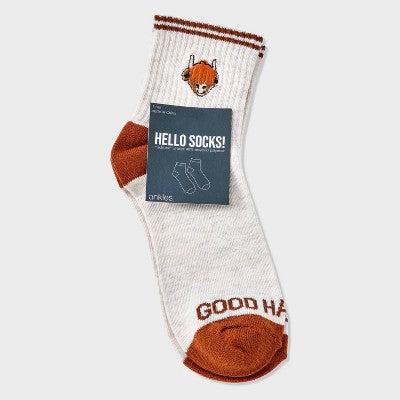 Women's Embroidered Highland Cow 'Good Hair Day' Ribbed Ankle Socks - Oatmeal Heather 4-10