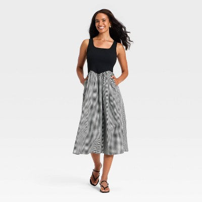 Women's Pullover Knit/Woven Midi Dress Blk/Wht Gingham S