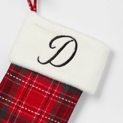 20" Plaid Monogram 'D' Christmas Stocking with Faux Fur Cuff Red/Green/White - Wondershop: Traditional Decor