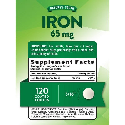 Nature's Truth Iron Ferrous Sulfate 65mg | 120 Tablets EXP: 04/2027
