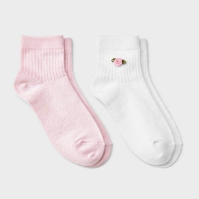 Girls' 2pk Ribbed 3D Rosette Applique Ankle Socks - Cat & Jack Pink/White M