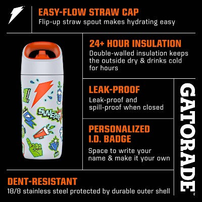 Gatorade 12oz Stainless Steel Water Bottle - Light Blue: Portable Drinkware, Plastic Lid