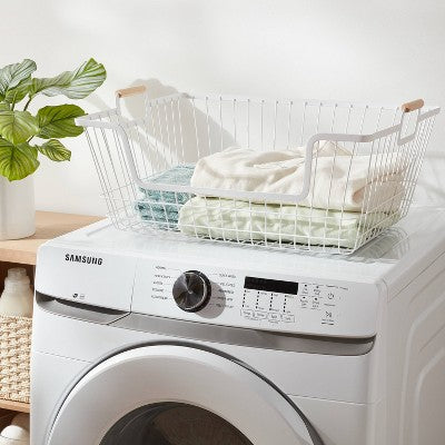 Stacking Wire Laundry Basket with Wooden Handles - Brightroom: Large White Metal Hamper for Sorting Laundry (LOCAL PICKUP ONLY)