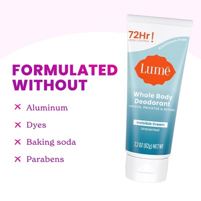 Lume Whole Body Women's Deodorant - Invisible Cream Tube - Aluminum Free - Unscented - 2.2oz