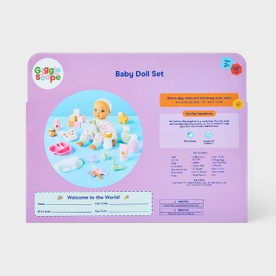 14" Baby Doll Set - Blonde Hair + Blue Eyes - Gigglescape: Includes 31 Pieces, Doll Accessories, Play Set