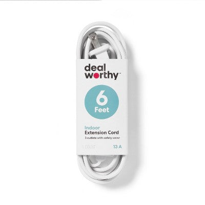 6' 3 Outlet Indoor Extension Cord White - Dealworthy: 6 ft, 16 AWG, 13 Amp, Flat, Small, 2 Conductors