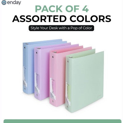 3 Ring Binder 1 inch (4 Pack) Pastel Flexible Binders Round Ring with Pocket, Holds 175 Sheets, for School Supplies in Blue, Purple, Pink and Green