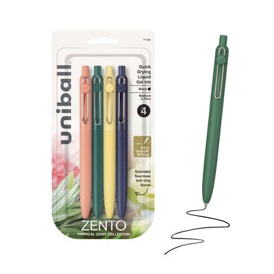 uniball Zento Retractable Liquid Gel Pens, 0.7mm Medium Point, Black Ink, Tropical Barrel Colors, 4ct - Smooth, Quick-Drying Gel Ink