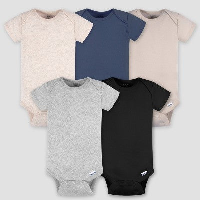 Gerber Baby 5pk Short Sleeve Onesies - Cream 0-3M: Cotton Knit Bodysuits, Pullover & Crotch Snap, Machine Washable