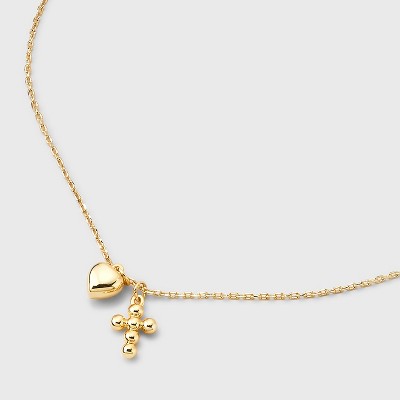14K Gold Dipped Puff Heart and Cross Pendant Necklace - Gold