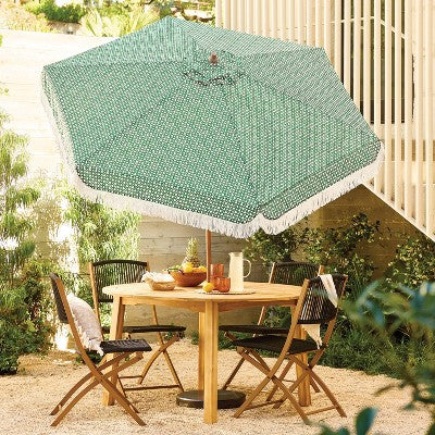 7.5' Cane Fringe Outdoor Patio Umbrella Green - Tempera (LOCAL PICKUP ONLY)