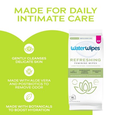 WaterWipes Refreshing Feminine, On-The-Go, pH Friendly for Daily Intimate Care, Odor Removal, Gynecologist Approved, Fragrance Free Wipes - 28ct