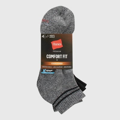 Hanes Premium Men's Comfort Fit Ankle Socks 4pk - Black/Gray 6-12: Arch Support, Moisture Wicking