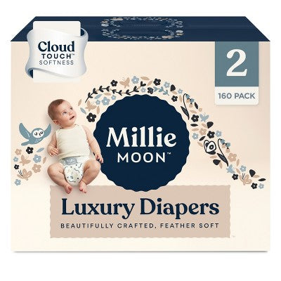 Millie Moon Luxury Disposable Diapers - Size 2 - 160ct: 9 to 18 lbs, Wood Fluff Pulp
