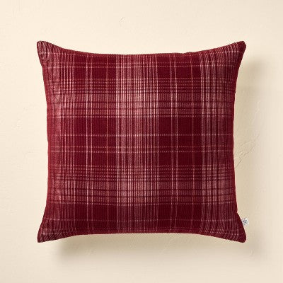 18"x18" Fall Plaid Corduroy Square Throw Pillow Burgundy - Hearth & Hand with Magnolia