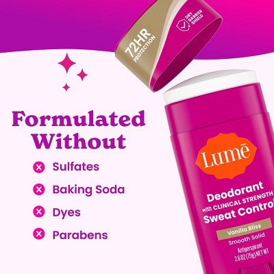 Lume Deodorant Plus Sweat Control Clinical Strength Smooth Solid Stick Antiperspirant - Vanilla Bliss - 2.6oz