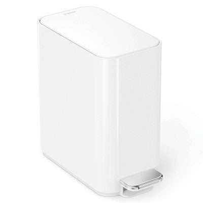 simplehuman 5L Slim Bathroom Step Trash Can White Steel Garbage Can with Built in Liner Pocket
