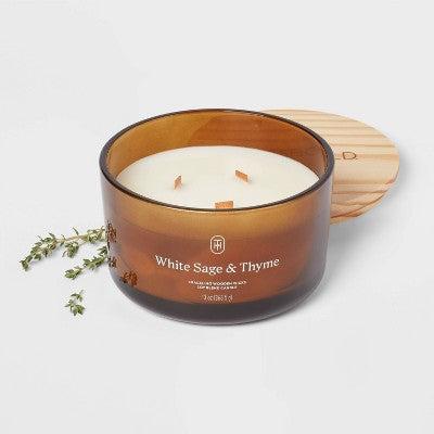 3-Wick Amber Glass Wooden Wick White Sage and Thyme Jar Candle 13oz - Threshold