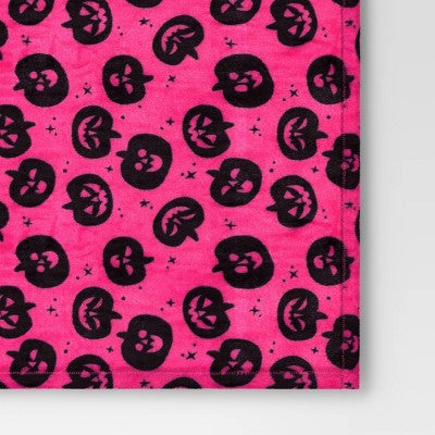 Pumpkin Printed Plush Halloween Throw Blanket Pink - Hyde & EEK! Boutique: Cozy Recycled Polyester, Knitted, 50x60"
