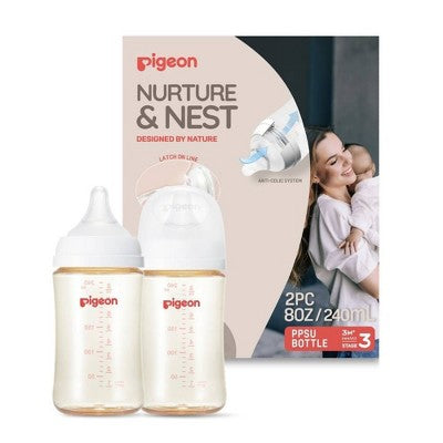 Pigeon Nurture & Nest Wide-Neck and Anti-colic PPSU BPA-Free Baby Bottles with Nipples - 8 fl oz/2pk