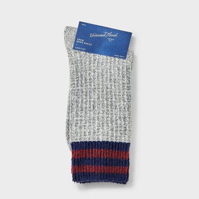 Women's Varsity Striped Waffle Knit Supersoft Crew Boot Socks - Universal Thread Light Gray 4-10: Recycled Polyester, Midweight