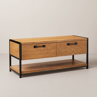 Modular Entryway Storage Bench with Shelving - Aged Oak - Hearth & Hand with Magnolia: Iron Frame, Farmhouse Style, CARB Certified (LOCAL PICKUP ONLY)