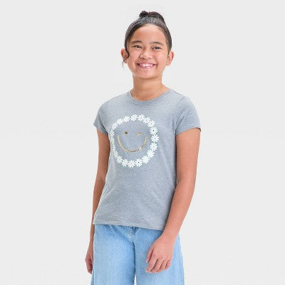 Girls Short Sleeve Floral Smiley Graphic T-Shirt Cat&Jack Gray M