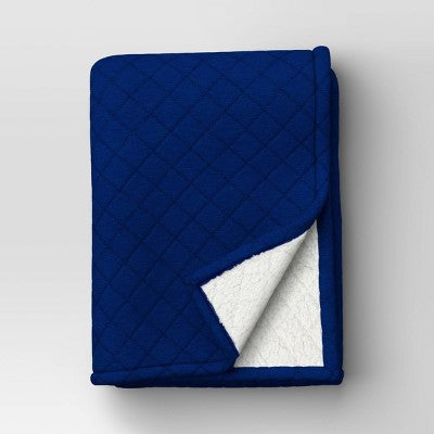 Quilted Jersey Throw Blanket with Faux Shearling Reverse Heathered Cobalt Blue - Room Essentials