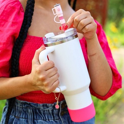 CharCharms 4pk Tumbler Straw Topper: Pink PVC Straw Covers & Tumbler Accessories, Dishwasher-Safe, Hot/Cold Beverages
